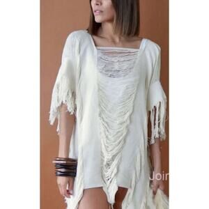 Beach Boho Sheer Knit Swimsuit Cover Up Lightweight Fringe Trim